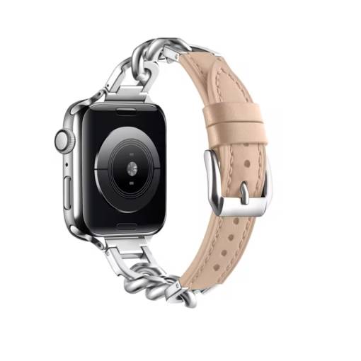 Foto - eses Kožený řemínek s řetízkem pro Apple Watch - Béžový, 38mm, 40mm, 41mm